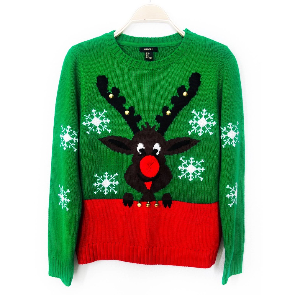 Ugly Christmas Sweater - Rudolph with 'Pom-Pom' Nose - L